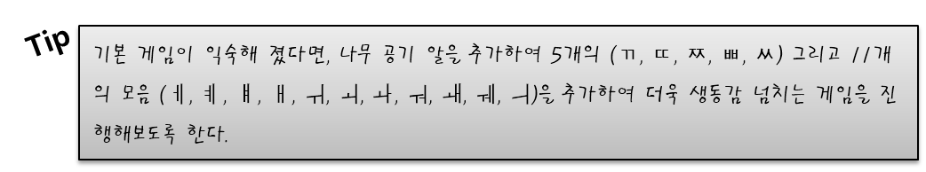 Tip. 기본 게임이 익숙해 졌다면, 나무 공기 알을 추가하여 5개의 (ㄲ, ㄸ, ㅉ, ㅃ, ㅆ) 그리고 11개의 모음 (ㅔ, ㅖ, ㅒ, ㅐ, ㅟ, ㅚ, ㅘ, ㅝ, ㅙ, ㅞ, ㅢ)을 추가하여 더욱 생동감 넘치는 게임을 진행해보도록 한다. 